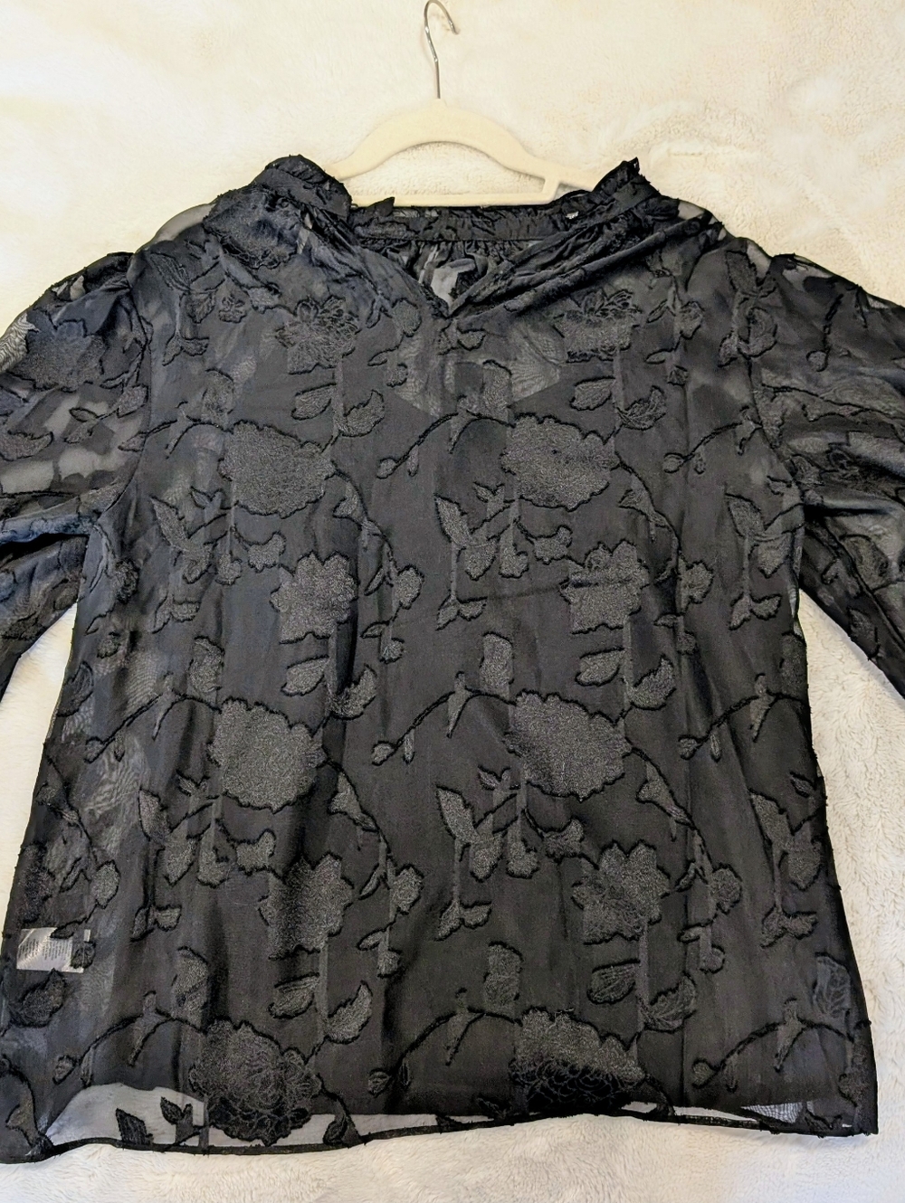 Black Sheer Floral Jacquard Blouse | Long Sleeve Romantic Top